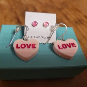 Heart-Shaped Love Conversation Heart Earings Pink Agate‎ Studs sterling Silver